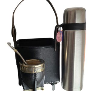 combo matero (mate imperial negro 100% calabaza+termo 1L acero+canasta ecocuero negra