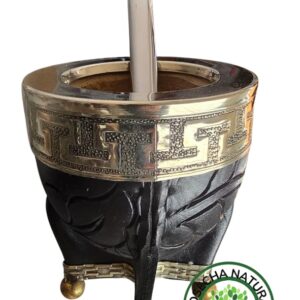 Mate imperial cuero repujado virola alpaca cincelada 100% calabaza base con bolitas de bronce